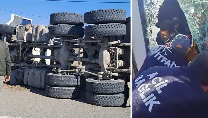 Virajı Alamayan Kamyonun Yola Devrilme Anı Güvenlik Kameralarında